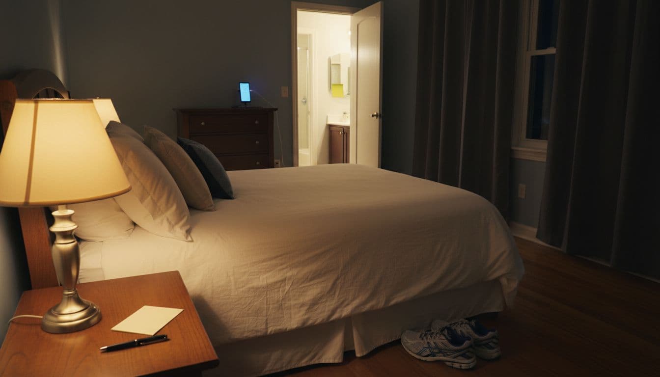 Simple cozy bedroom interior at night illuminated by a bedside lamp's soft warm light, featuring a pen and blank index card on the pillow, athletic shoes by the open door to the hallway, a blank sticky note on the bathroom mirror visible through the door, and a phone charging on a distant dresser, all arranged for a frictionless morning routine.