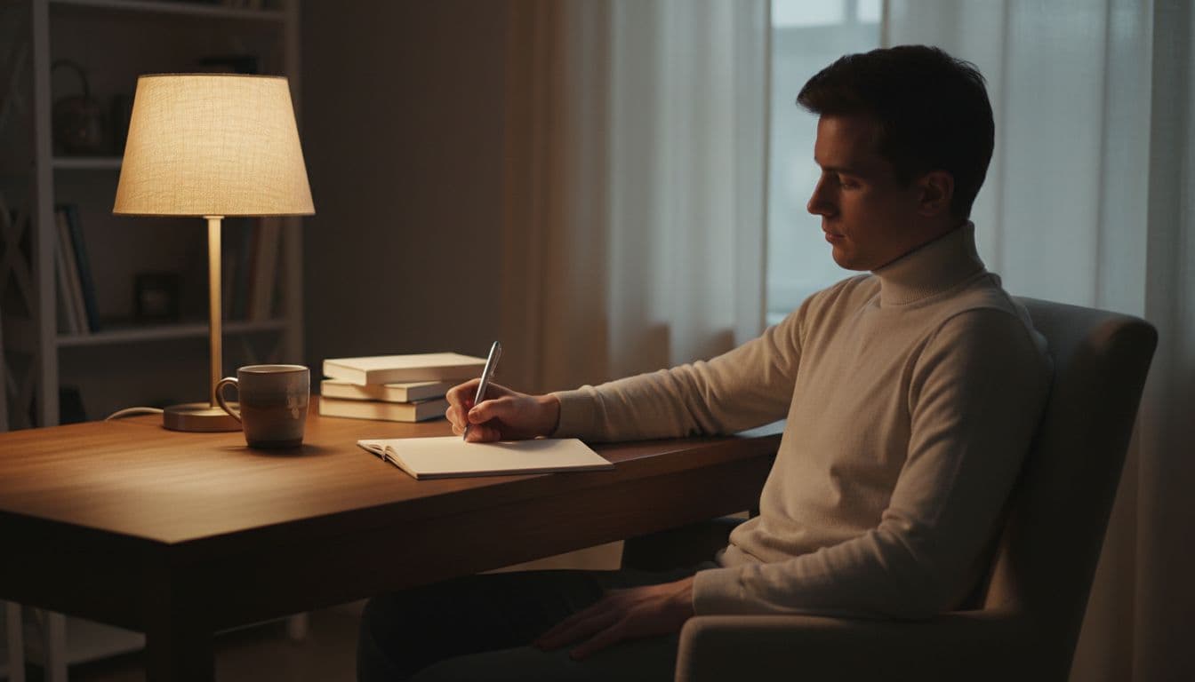 A relaxed person seated at a wooden desk in a cozy evening home office, writing a quick brain dump list in a simple notebook using a pen under soft warm lamp light casting gentle shadows, with minimal items like a coffee mug and no screens or clutter.