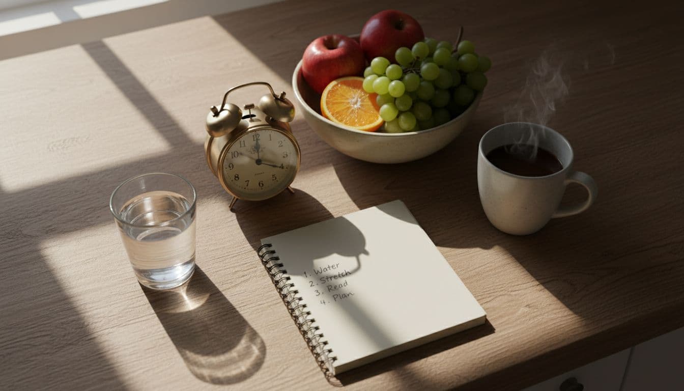 Top-down realistic photo of a cozy kitchen counter with glass of water, open notebook to short list, early alarm clock, fresh fruit, and soft morning light, showing elements of a steady morning routine.