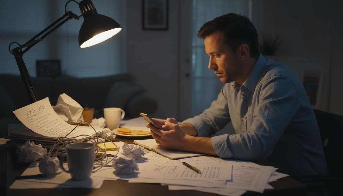 Tired adult sitting at cluttered home desk late at night, scrolling endlessly on smartphone amid messy to-do lists and papers, overwhelmed expression under dim desk lamp.