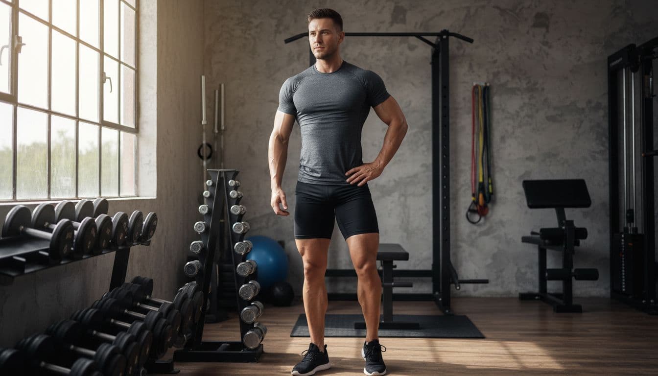 A fit person stands calmly in a home gym next to dumbbells on the floor, one hand relaxed on hip, looking determined yet composed with natural indoor lighting.