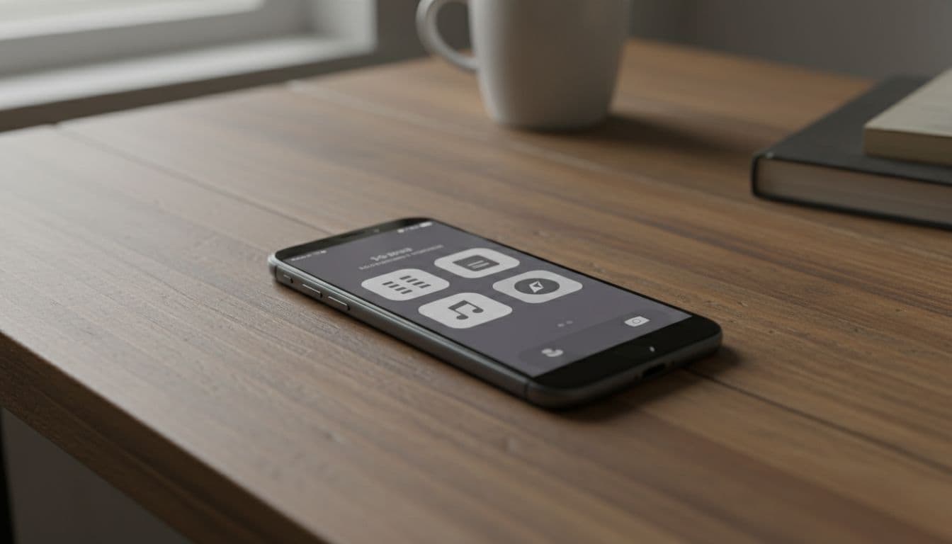 Smartphone resting flat on a wooden desk in a cozy home setting, displaying a simplified grayscale home screen with only calendar, notes, music, and maps icons visible, no notifications or distractions.