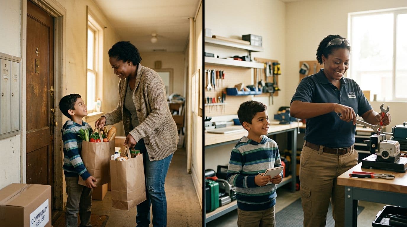 Realistic two-panel scene of a diverse adult helping a child with benefit program groceries during temporary job loss, transitioning to stable work with tools, warm lighting and simple home-to-office background.