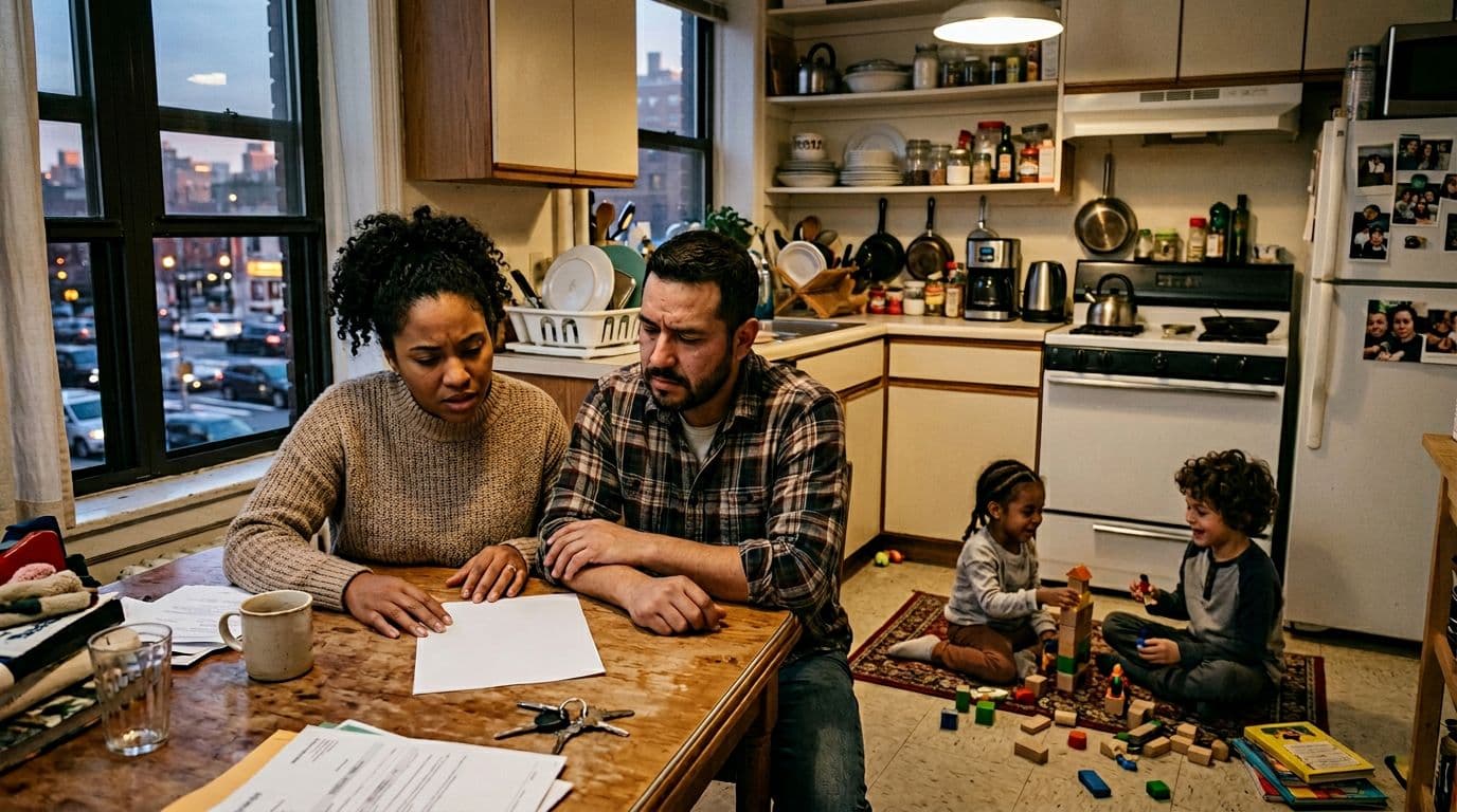 A diverse family of four in a small cluttered urban apartment kitchen, with parents reviewing a high rent bill on the table showing worried expressions while kids play nearby, illuminated by evening natural light through the window.