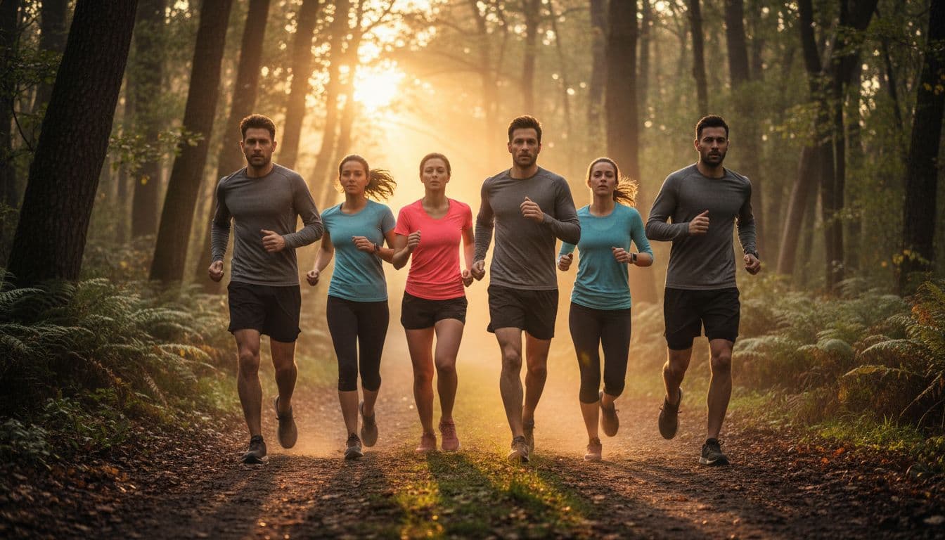 Group of five diverse adults in athletic wear running together on a dirt trail through woods at sunrise, with determined expressions, sweat, and motion blur suggesting movement.