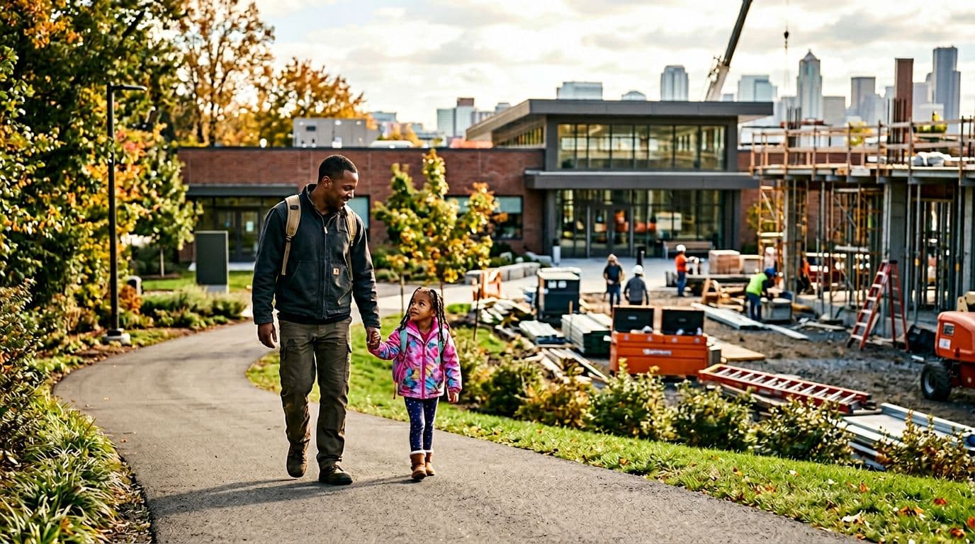 A diverse working parent and young child walk relaxed up a gentle path from a benefits office toward a job site with training center and tools in the background, in modern realistic style with warm natural daylight.