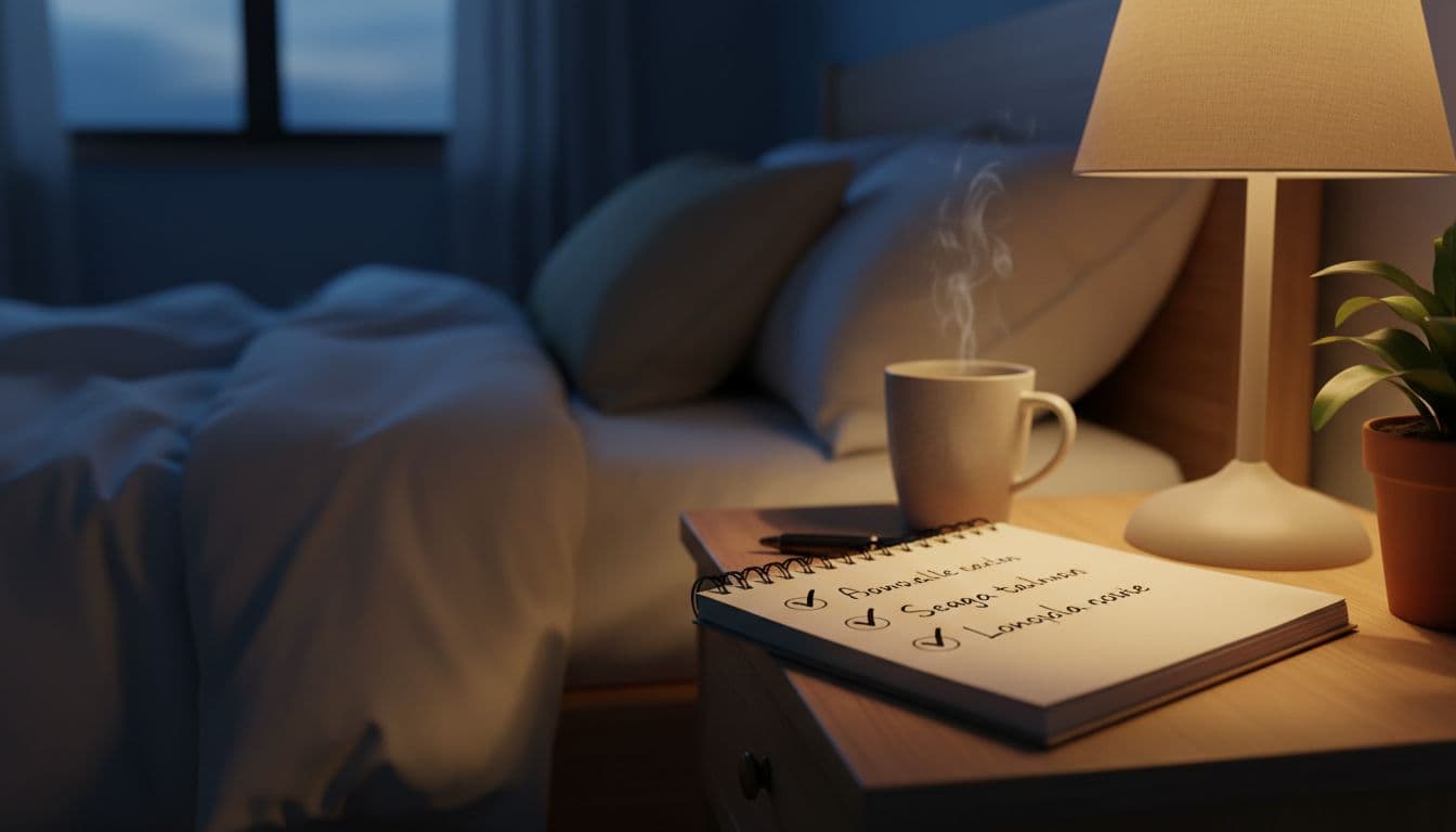 Notebook on a nightstand under soft lamp light in a cozy bedroom at evening time, featuring three simple handwritten checkmarks next to short accomplishment notes. Photorealistic style with relaxed composition, no readable text, people, or watermarks.