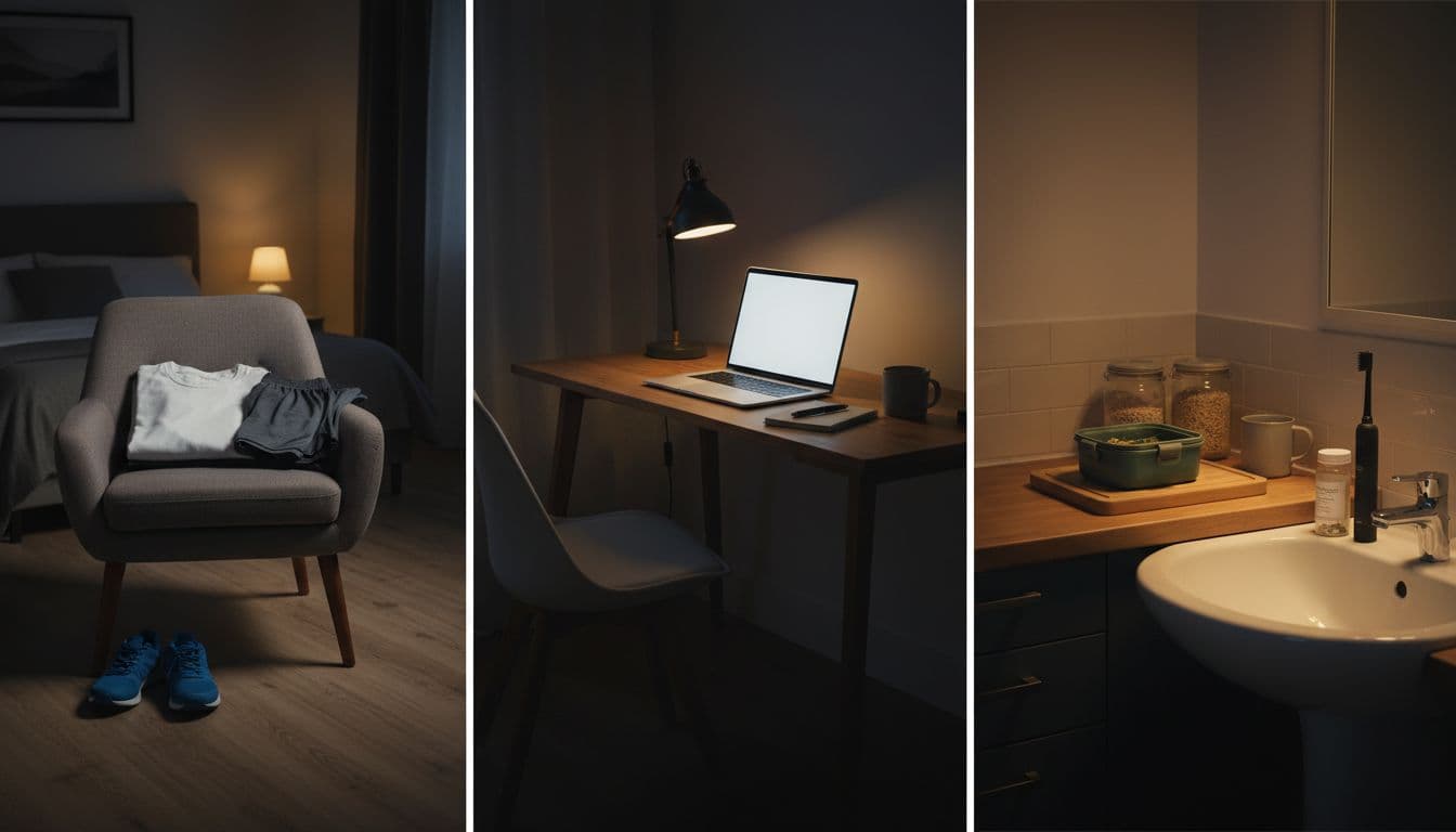 Photorealistic evening home interior with prepped morning cues across empty rooms: bedroom chair with folded gym clothes and sneakers, home office desk with open laptop, kitchen counter with packed lunch, bathroom sink with pill bottle and toothbrush, warm ambient lighting.
