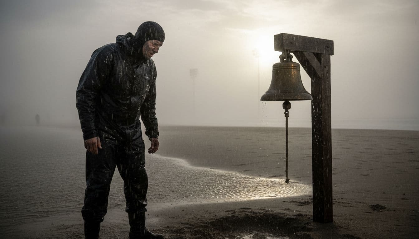 A single exhausted Navy SEAL trainee in wet cold gear stands before the large brass quitting bell on a foggy beach at dawn during BUD/S Hell Week, capturing the intense moment of deciding to quit or persevere amid heavy rain and low dramatic lighting.