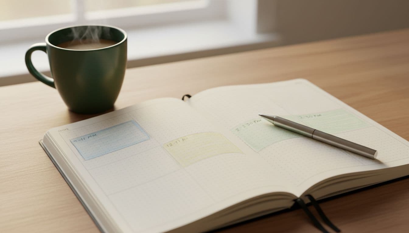 Simple open daily planner notebook on a home office desk showing loosely marked 2-3 time blocks and buffer spaces with colored highlights, coffee mug and pen nearby, cozy morning light from window.