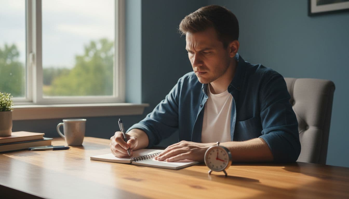 One focused person sits at a simple desk in a home office, writing intently in a notebook with a timer nearby, showing a determined expression under warm natural light from a window.