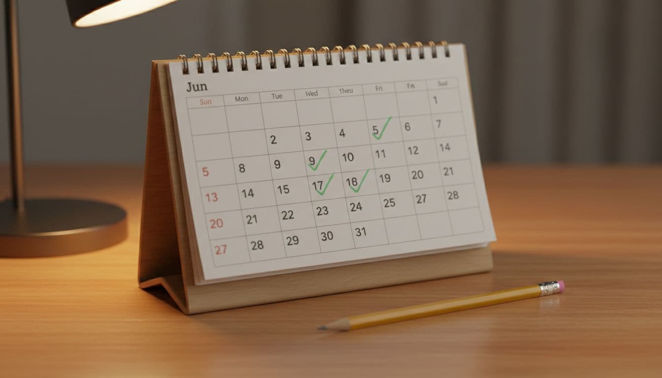 Close-up photorealistic view of a wooden desk calendar open to a month with consecutive dates marked by simple green checkmarks, a single pencil resting nearby under soft warm lamp lighting.