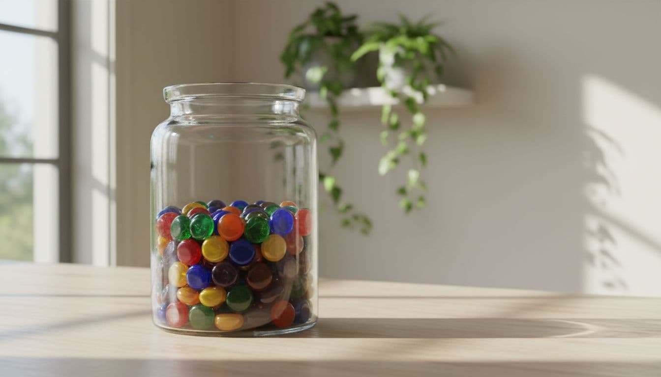 Clear glass jar on a wooden kitchen counter half-filled with small colorful tokens representing daily habit wins, morning sunlight streaming in with simple clean background and plants nearby.