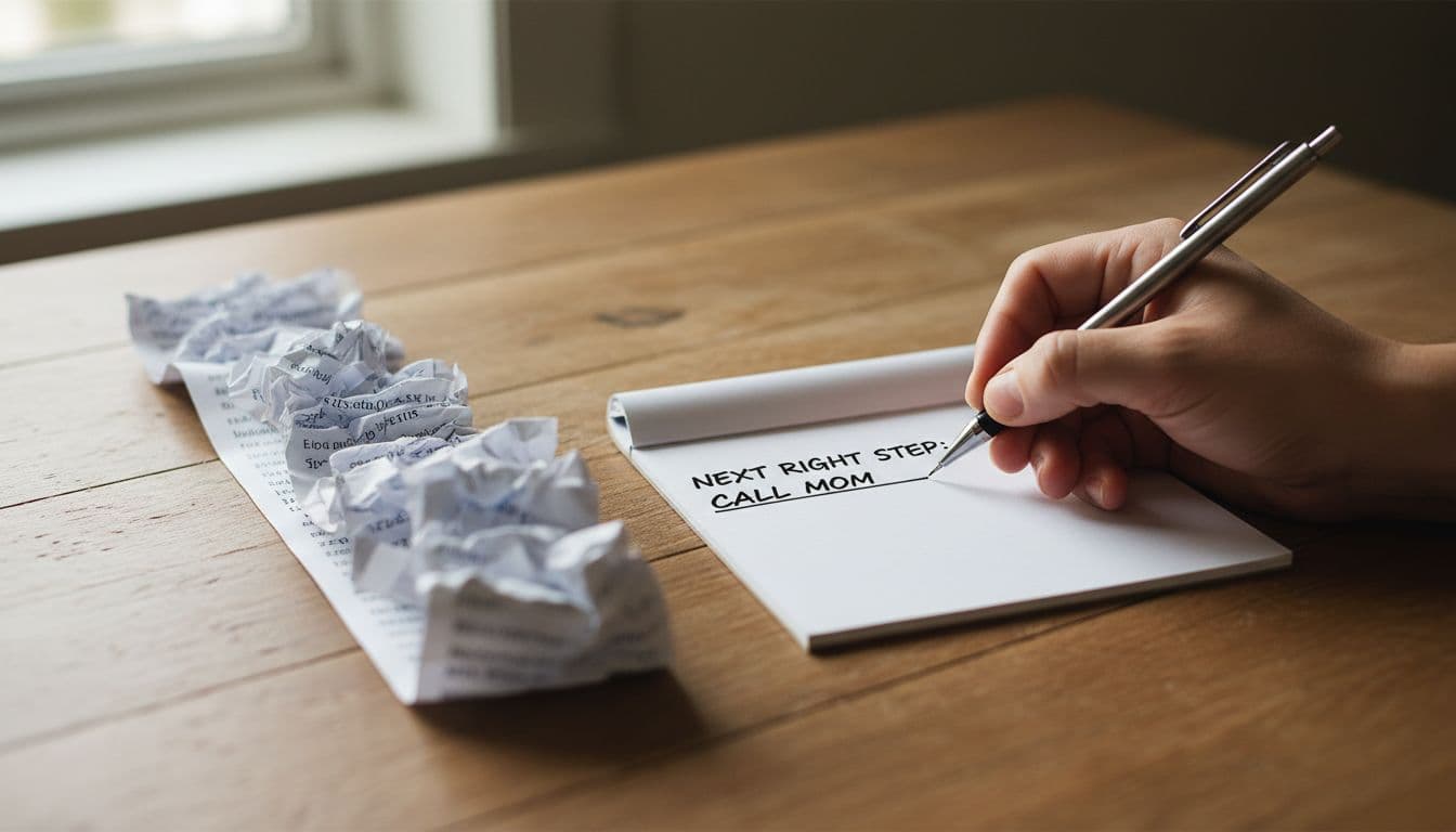 Close-up of a hand writing a single clear next action on a notepad placed next to a crumpled long to-do list on a wooden desk, in natural daylight, realistic photo style.