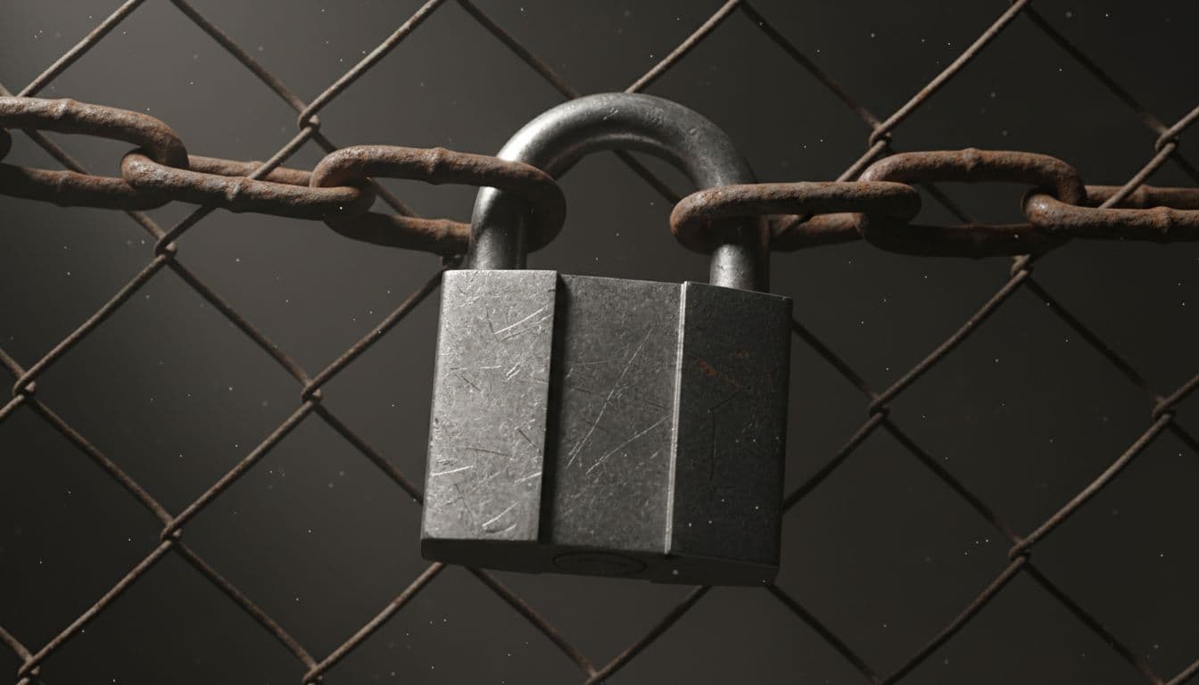 A sturdy padlock securing a chain link, close-up in a dimly lit workshop with soft side lighting casting shadows. Photorealistic style emphasizing high detail on the metal texture.