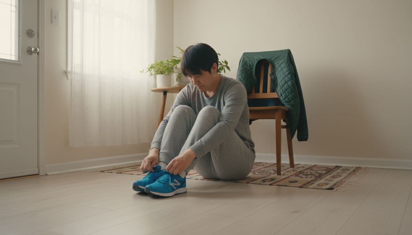 Cozy home entryway bathed in soft morning light features exactly one adult sitting on the wooden floor lacing up running shoes by the front door, with relaxed hands visible and a jacket draped on a nearby chair.