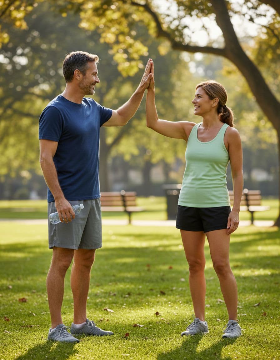 Two middle-aged friends, one man and one woman, celebrate with a relaxed high-five in a sunny neighborhood park after exercising, wearing casual running clothes, showing tired happy smiles and sweat.