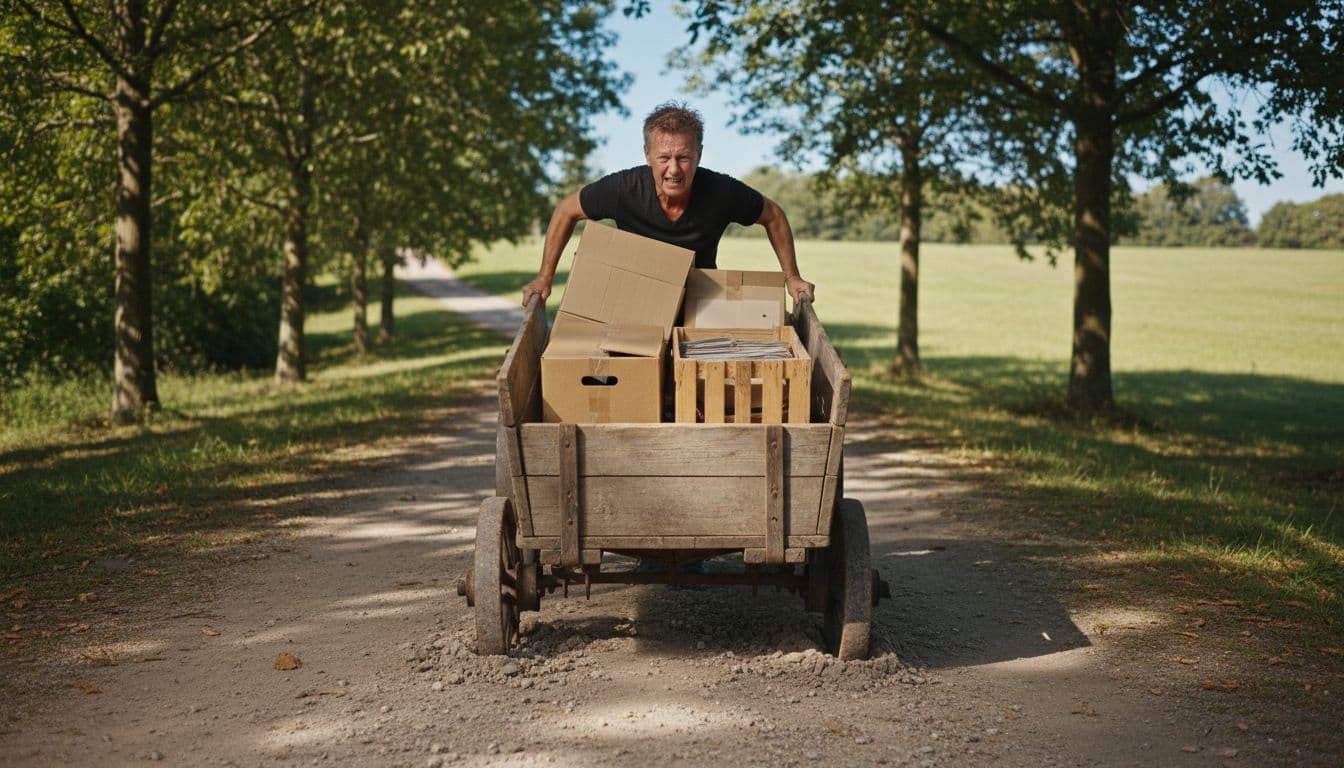 One middle-aged person pushes a large wooden cart loaded with boxes, stuck on a gentle uphill dirt path in a park, showing strained effort with sweat on their face; realistic daylight photo focused on halted cart wheels.