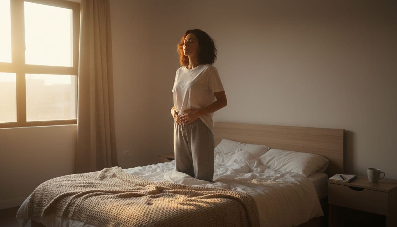 A single person stands in a simple bedroom bathed in early morning light from the window, performing deep breathing with hands relaxed on their belly. An unmade bed is behind them, with a nightstand holding a pen and small paper nearby, no electronics or screens visible.