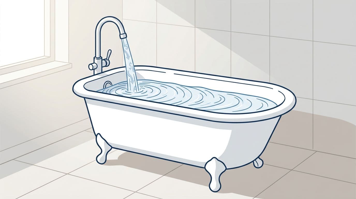 Simple line art illustration of a large bathtub filling with water symbolizing national debt, faucet as annual deficit, and rising water despite closed faucet representing interest.