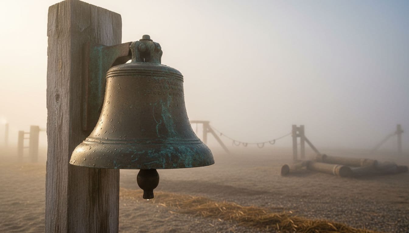 A weathered brass bell mounted on a wooden post in an outdoor Navy SEAL training ground at dawn, enveloped in mist with soft natural lighting and close-up composition. Symbolizes the 'don't ring the bell' motto during hard training days, realistic photography style with no people, text, or logos.