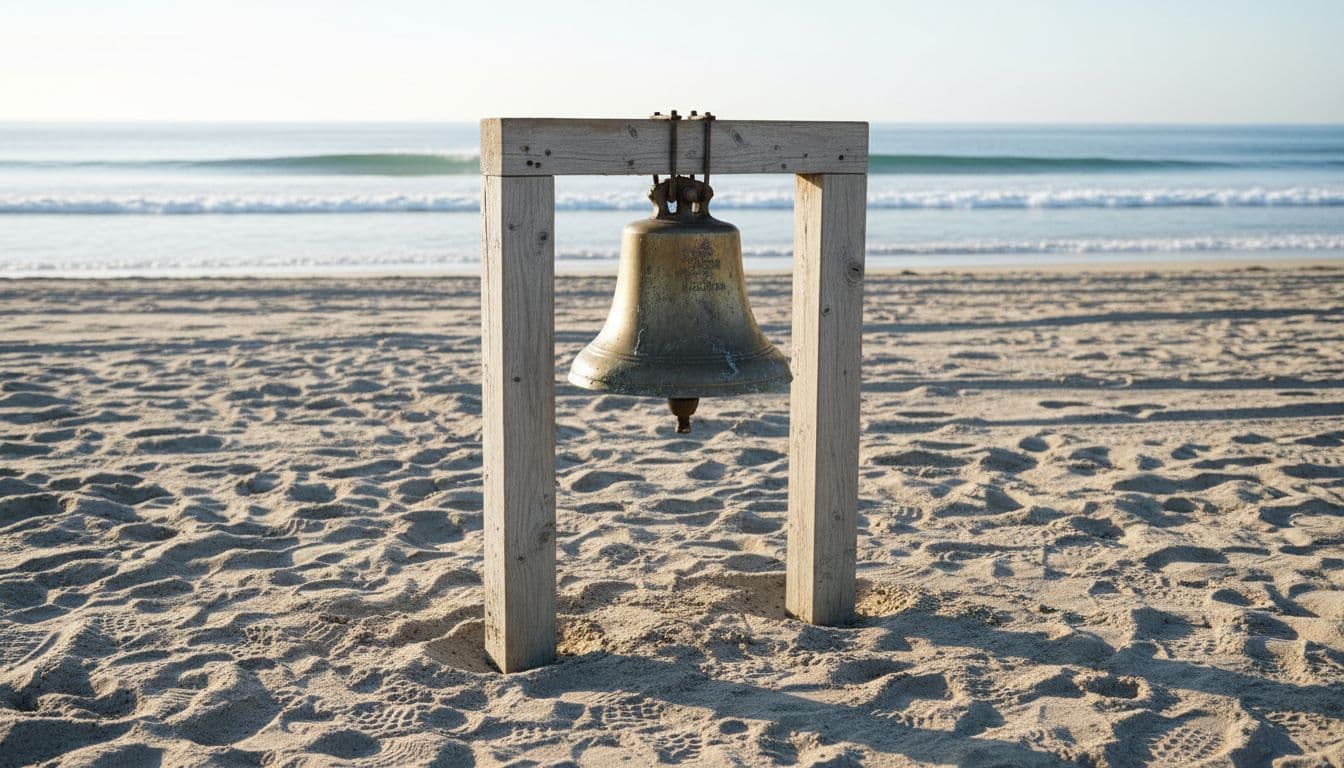 A weathered brass bell on a wooden stand in a sandy Navy SEAL training area near the ocean, with boot prints in the sand and distant waves under bright morning light.