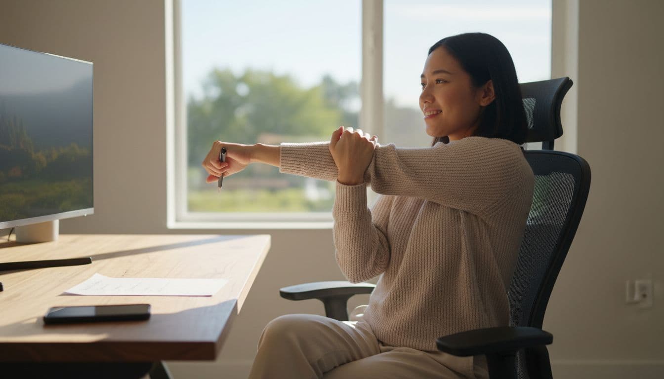 A person in a cozy home office hears a ringing phone bell, performs a quick arm stretch, marks a checkmark on a paper list, and sits back relaxed smiling.