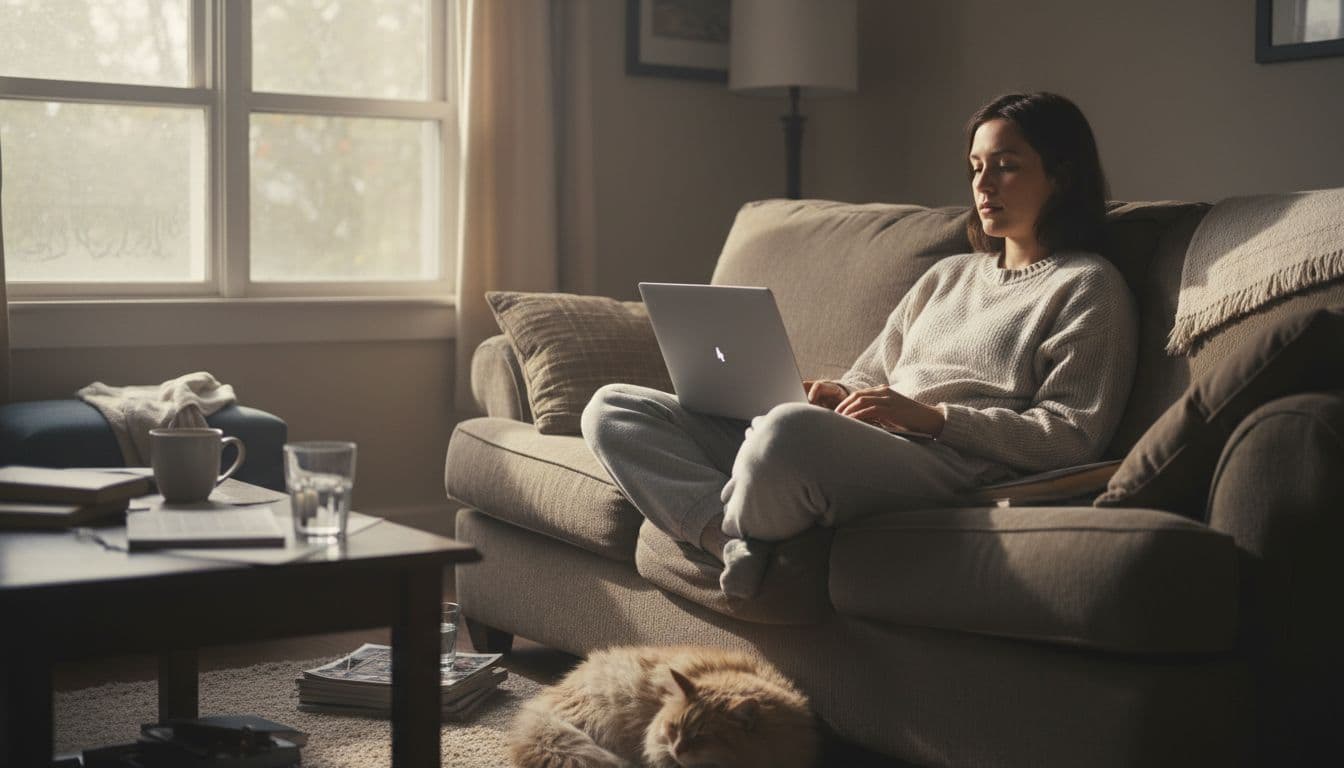 One person sits on a couch in a slightly messy living room on a bad day, laptop open on lap with relaxed hands on keyboard performing a small task, soft dim afternoon light through window, cozy realistic photo.