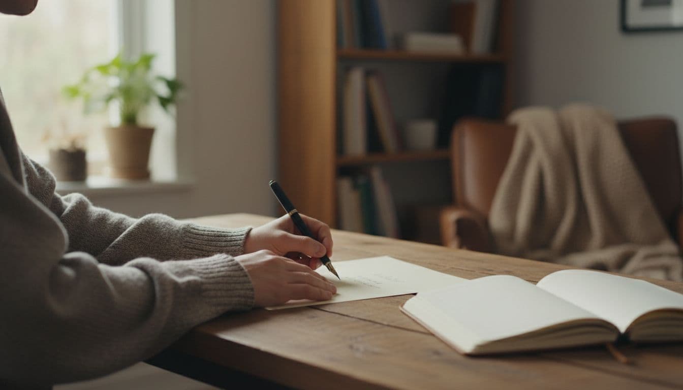 A single person at a wooden desk in a cozy home office writes a short note on paper with a pen, notebook nearby, soft natural light, realistic close-up on relaxed hands creating a simple daily commitment contract.