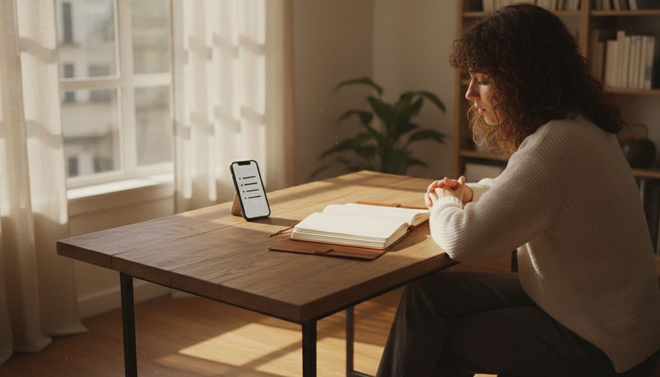 A person sits relaxed at a wooden desk in a cozy home office, with an open notebook implying blank pages and a smartphone propped up showing a simple list at an angle, leaning forward slightly while reading under warm afternoon lighting from a window.