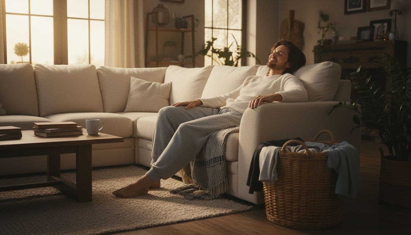 A person relaxes comfortably on a couch in a cozy living room with an untouched laundry basket nearby, expressing short-term relief from delaying chores in soft evening light.