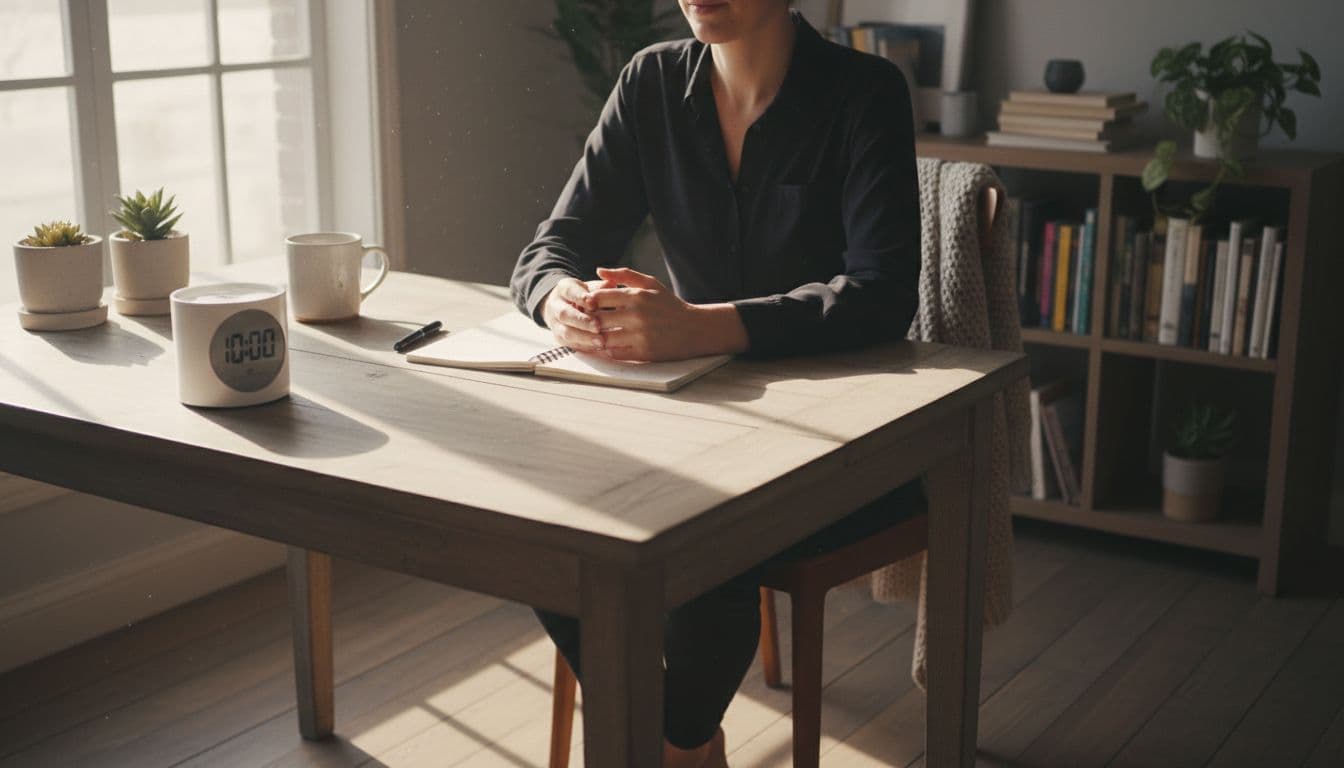 One person sits at a wooden desk in a bright, cozy home office, writing briefly in an open notebook with a simple 10-minute timer nearby, illuminated by warm natural light from a window.