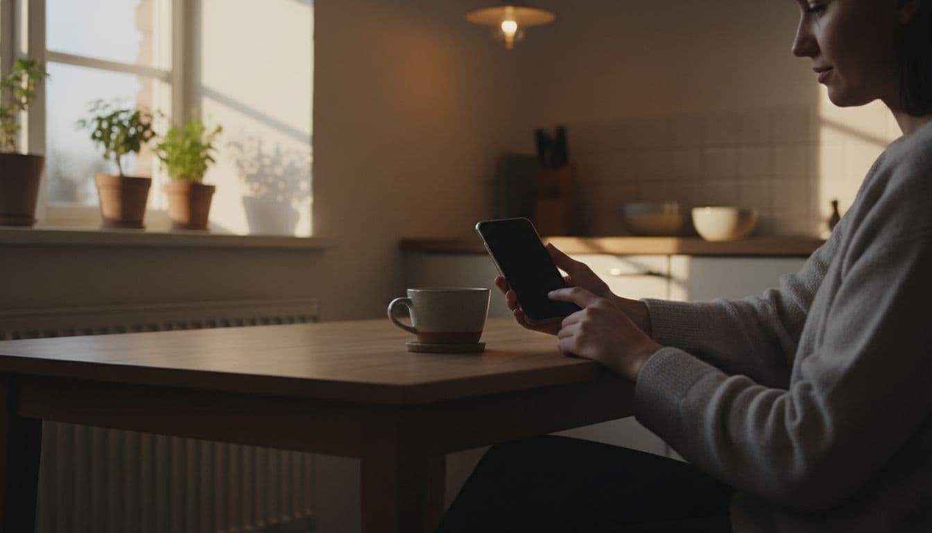 A single person in a relaxed seated posture at a kitchen table, holding a phone at an angle to check a budgeting app with unreadable screen, coffee mug nearby in simple evening-lit home kitchen.