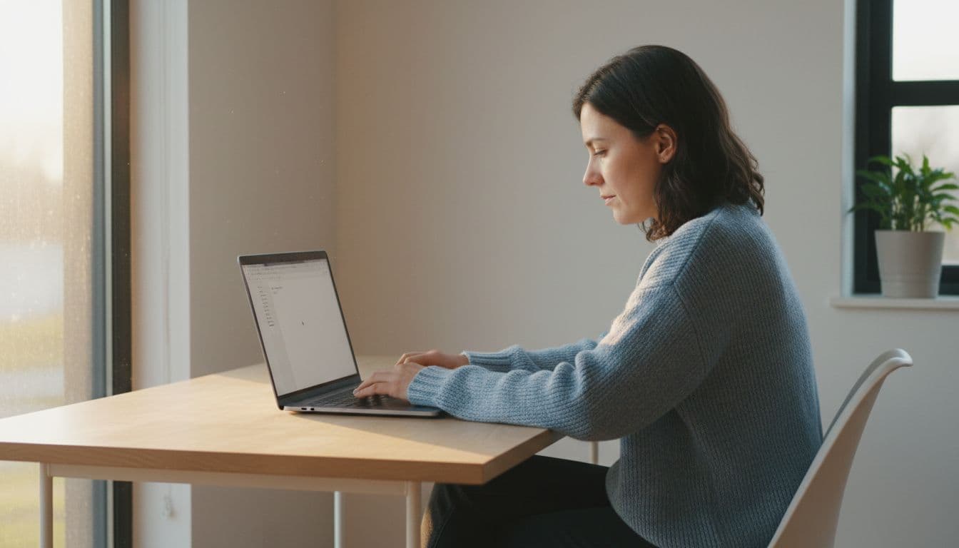 A single person in a home office, sitting at a desk with a laptop open, just starting to type a few words on a document, relaxed posture, morning light through window, simple modern style, soft natural lighting.