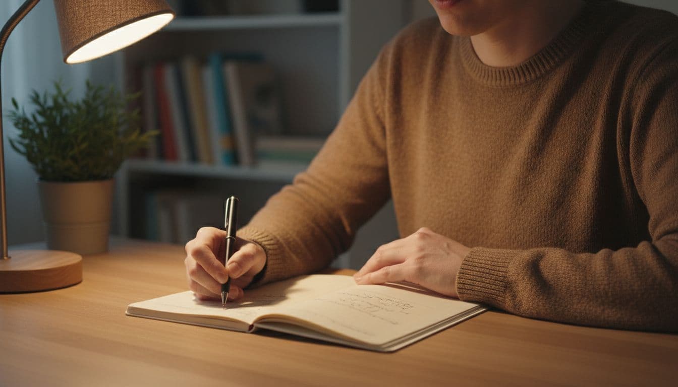 A single adult with relaxed shoulders sits at a simple wooden desk in a cozy home office, naturally holding a pen on an open notebook under warm desk lamp lighting, photorealistic close-up on upper body.