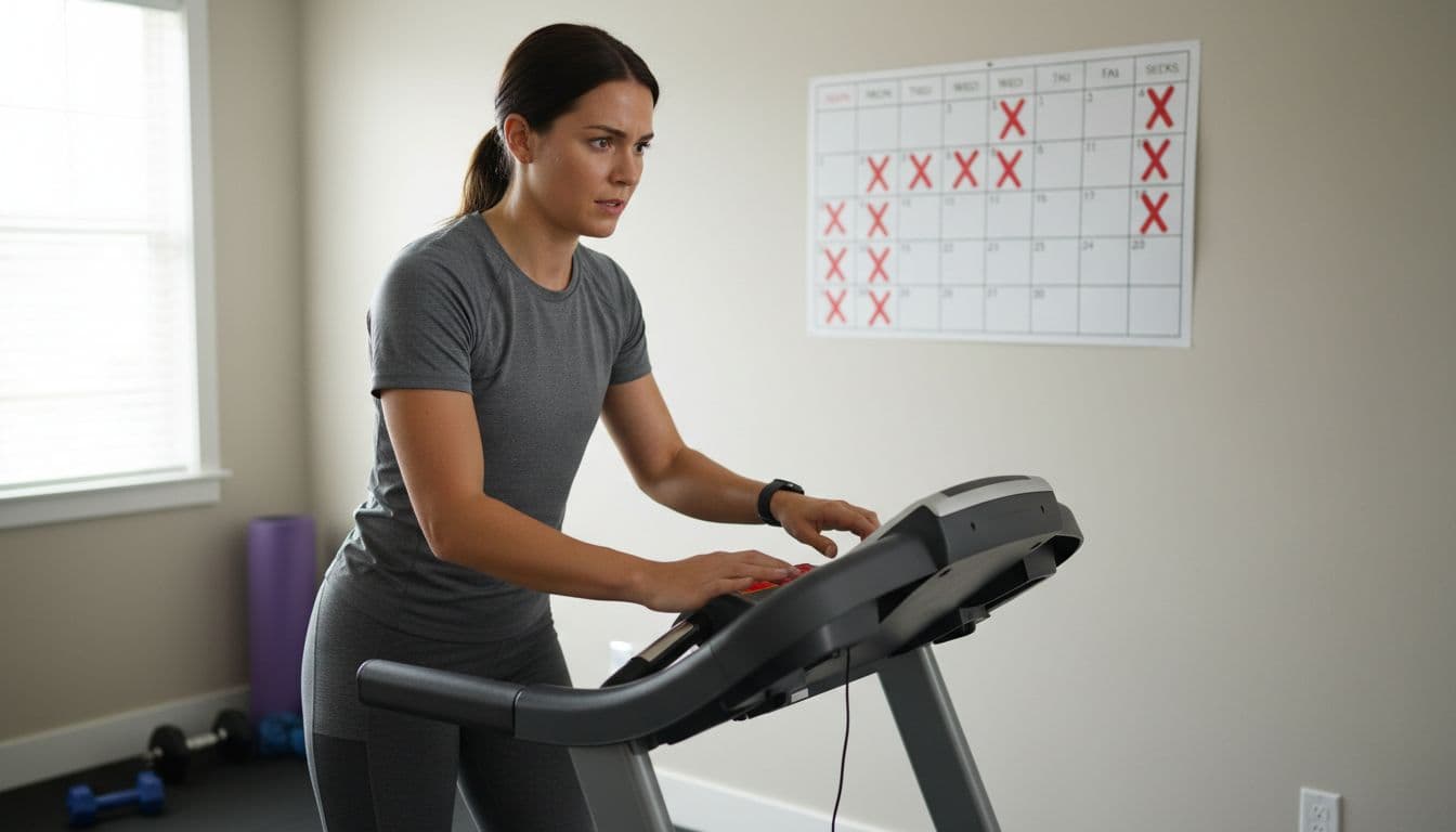 A fit person in workout clothes resumes a treadmill run in a home gym, with a wall calendar showing six weeks crossed off followed by a gap, sweat on brow and focused expression highlighting the setback of restarting midway.
