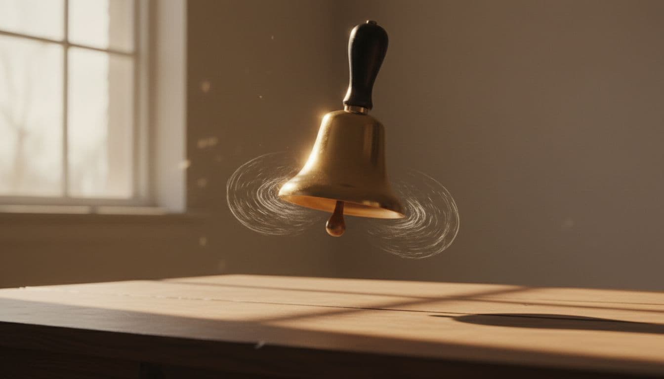 A simple brass handbell ringing on a plain wooden table in a quiet sunlit room, gentle vibrations visible in the air, close-up composition on the bell with soft natural lighting.