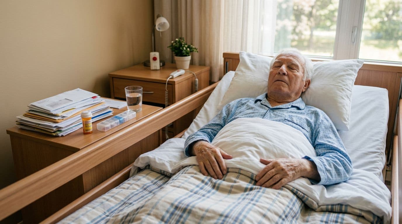Senior citizen resting comfortably in a clean nursing home bed with stack of medical bills and medications on bedside table, soft daylight from window in realistic photographic style.