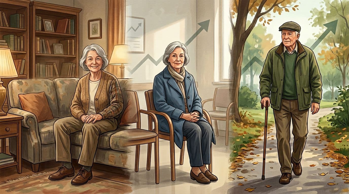 Realistic illustration of three older adults showing growing health and retirement pressures: a senior couple at home, one in a clinic waiting area, one walking outdoors with medical aid, faint background graphs of rising costs and aging population.