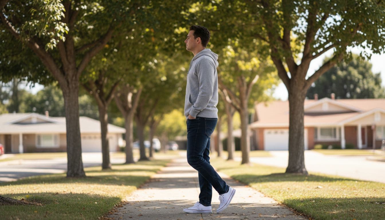 One person walks slowly on a quiet neighborhood sidewalk in casual clothes and sneakers, hands in pockets, with trees and houses blurred in the background under natural daytime light, realistic side-angle photo.