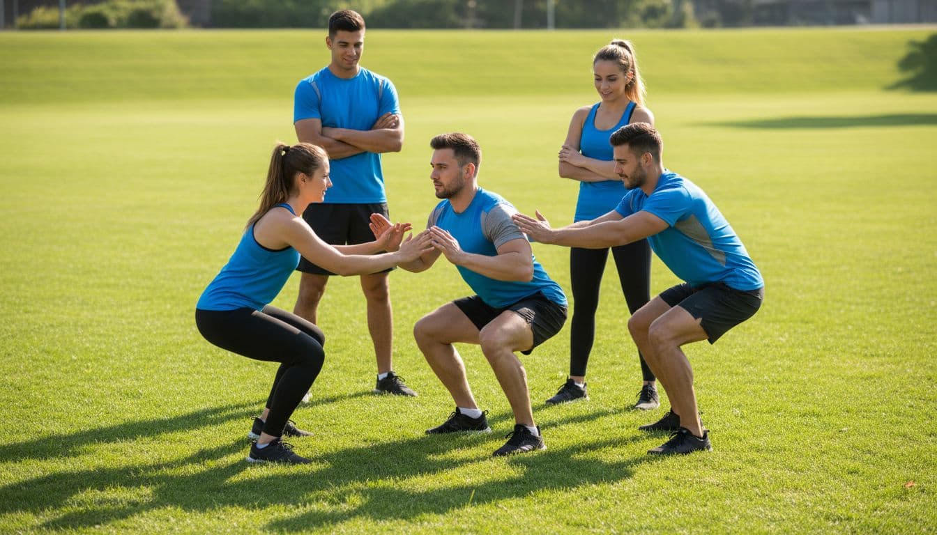 Five athletes on a grassy field during outdoor team training, with a central player performing squats and spotters providing hands-ready support.