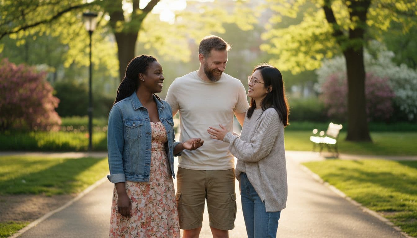Three diverse adults in casual outfits stand close together in a sunny park, engaged in friendly conversation with smiles and one lightly touching another's arm in a supportive gesture, set against a background of green trees under natural daylight.