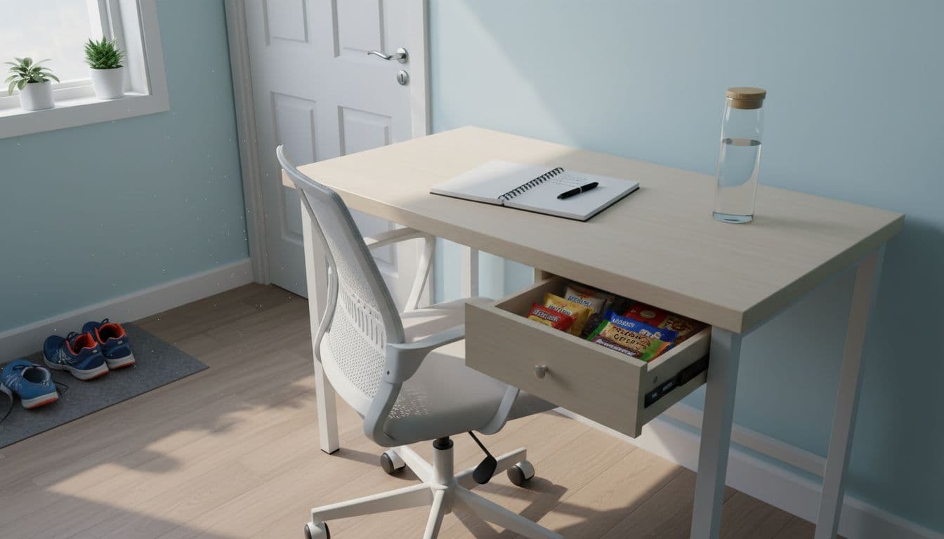 Tidy home office desk in a small room with running shoes by the door, open notebook and pen, water bottle on desk, drawer revealing hidden snacks, natural morning light, realistic photo style, empty with one desk and chair, no people.
