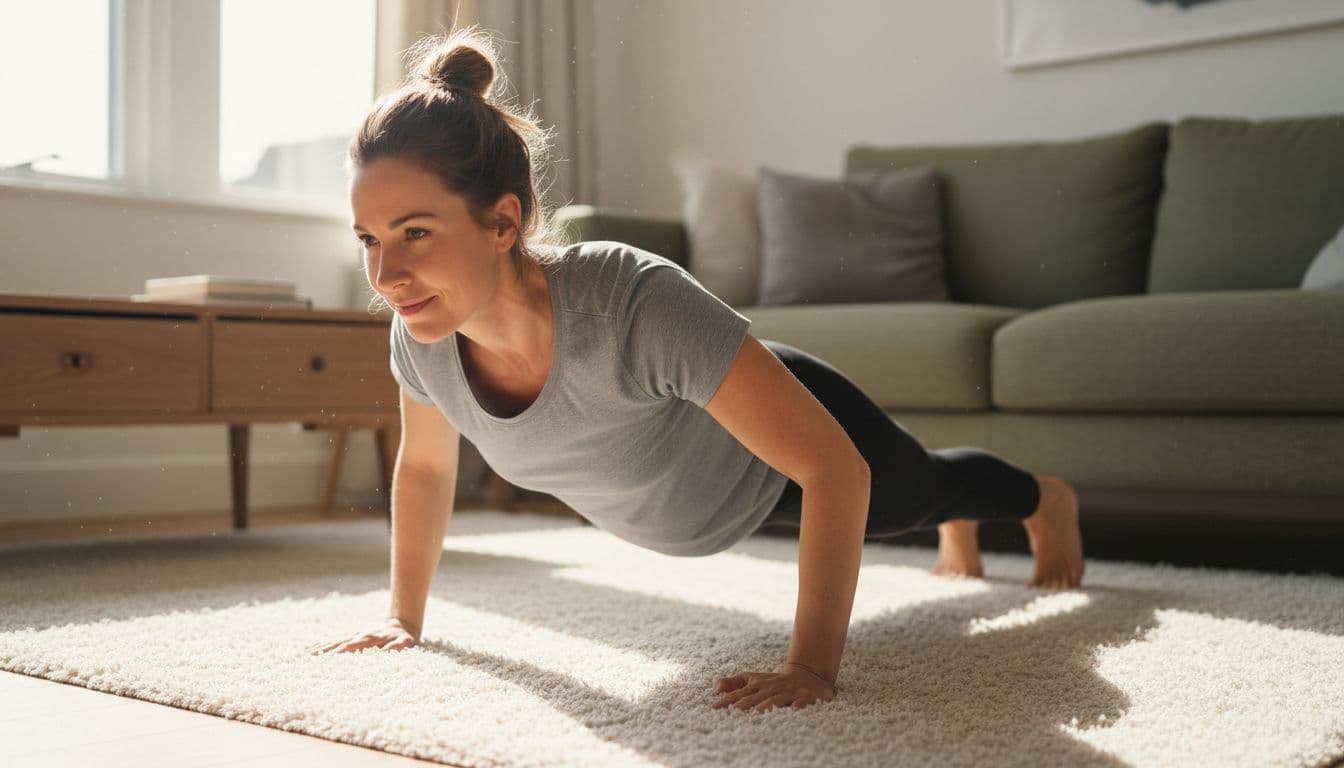 A fit adult performs a single push-up on the living room floor in casual clothes, showcasing a minimal achievable fitness goal in a simple home setting with natural daylight.