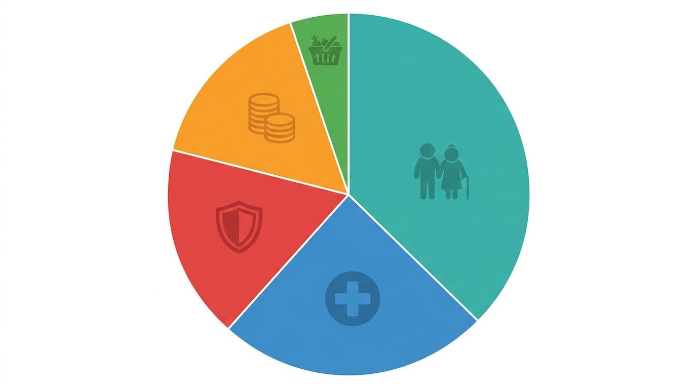Illustrative pie chart on a white background showing major US federal budget spending categories including retirement programs like Social Security, health programs like Medicare and Medicaid, net interest, defense, and means-tested welfare. Modern flat design with vibrant colors, subtle icons in slices, no text, numbers, or people.