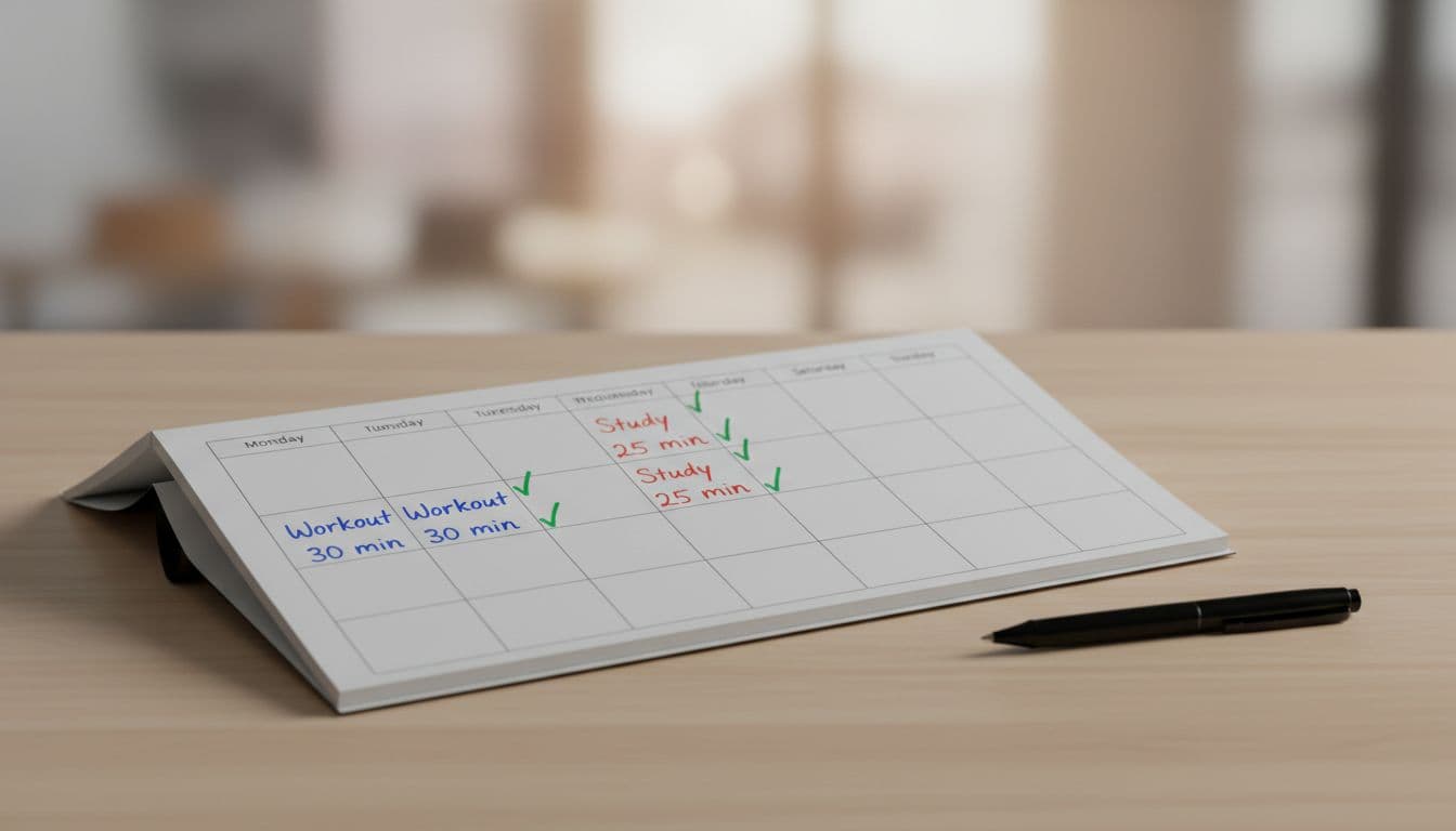 Open paper desk calendar on a simple wooden table showing a weekly view with 'Workout 30 min' and 'Study 25 min' time blocks marked by colored pens and checkmarks, realistic photograph.