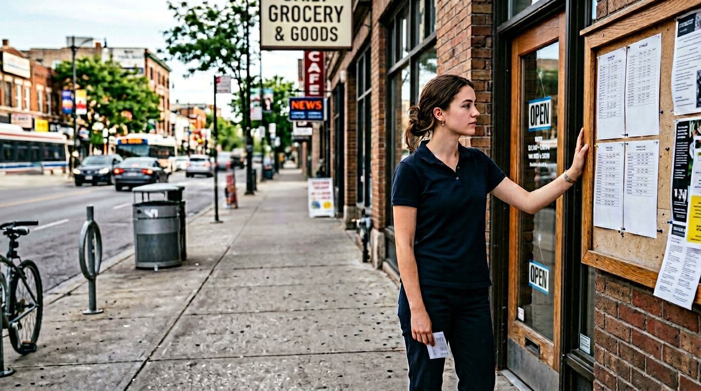 A young retail worker in simple uniform stands relaxed outside a store entrance, looking at a posted variable shift schedule on a bulletin board while holding a pay stub in one hand. Busy street background during daytime with natural outdoor lighting, realistic photographic style.