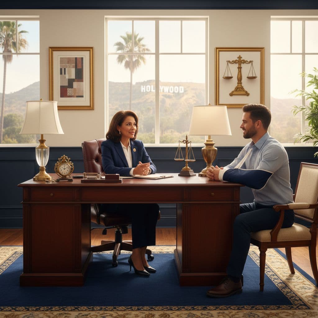 An experienced lawyer sits at a mahogany desk inside a bright, upscale office. He gestures while calmly speaking to a client, with navy and gold accents highlighting the professional, warm atmosphere.