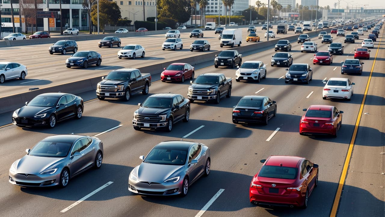 Numerous vehicles travel across multiple lanes on a wide highway under the bright Southern California sun. The warm lighting highlights a flowing stream of cars moving steadily through the sprawling city.