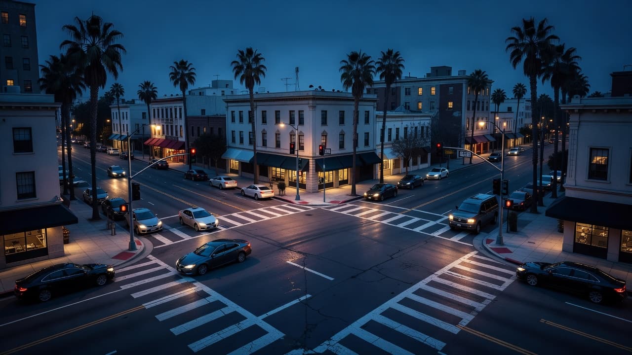 A wide city street junction glows under golden traffic lights against a deep navy sky. The elevated view captures painted crosswalk markings and surrounding urban infrastructure during a quiet hour.